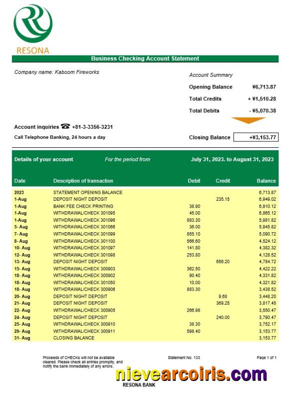 Resona Bank company checking account statement